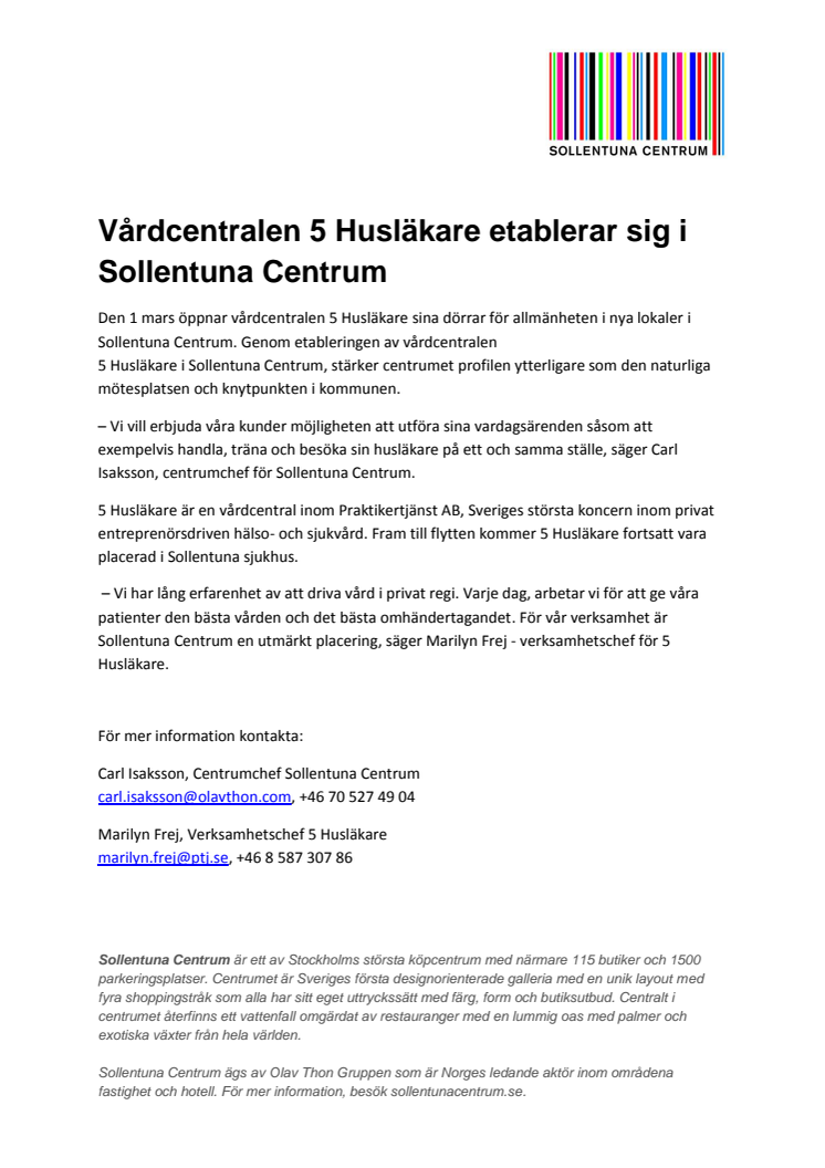 Vårdcentralen 5 Husläkare etablerar sig i Sollentuna Centrum