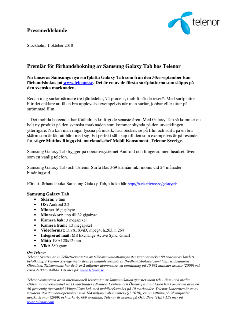 Premiär för förhandsbokning av Samsung Galaxy Tab hos Telenor
