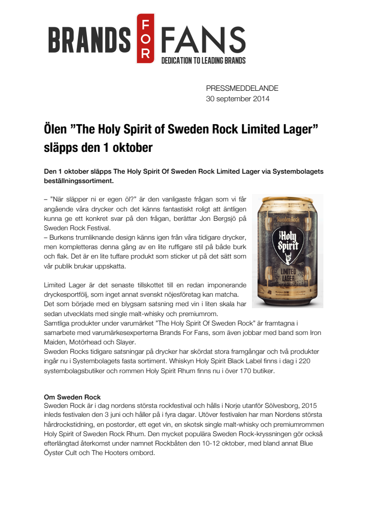 Ölen ”The Holy Spirit of Sweden Rock Limited Lager” släpps den 1 oktober