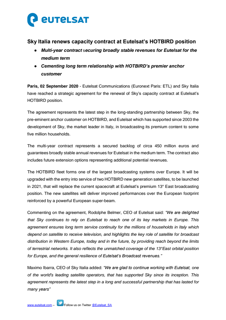 Sky Italia renews capacity contract at Eutelsat’s HOTBIRD position