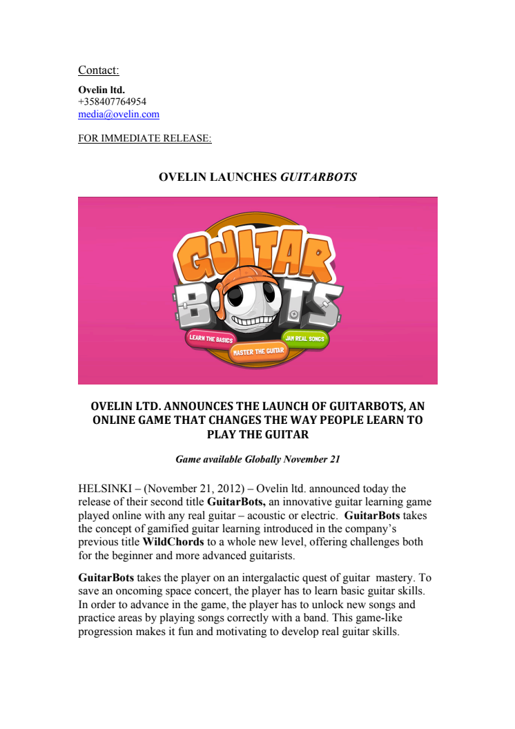 Ovelin launches GuitarBots - the online game that changes the way people learn to play the guitar