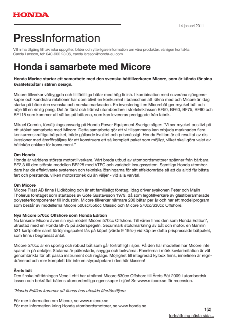 Honda i samarbete med båttillverkaren Micore
