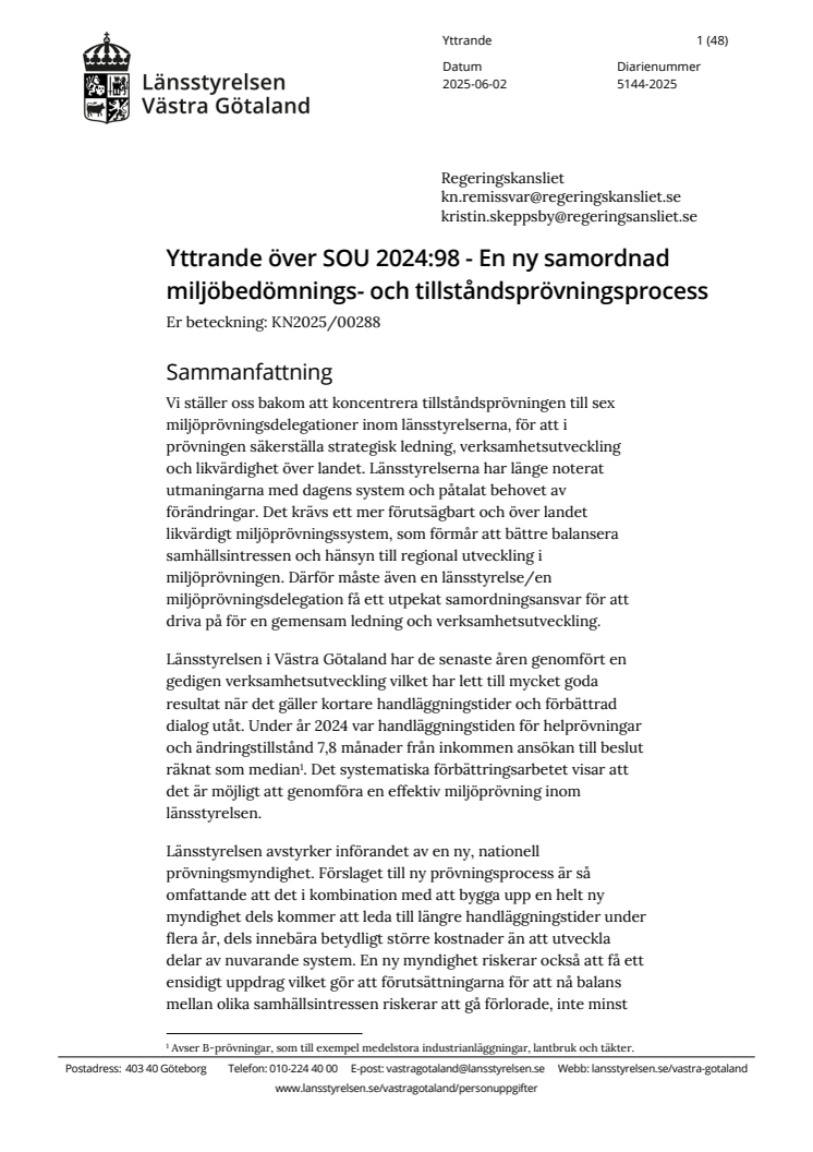 Yttrande om en ny samordnad miljöbedömnings- och tillståndsprövningsprocess
