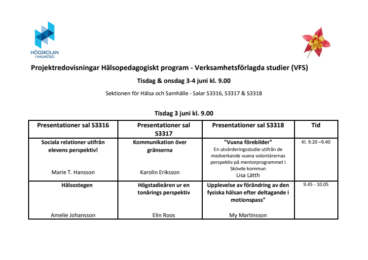 Schema Projektredovisningar Hälsopedagogiskt program