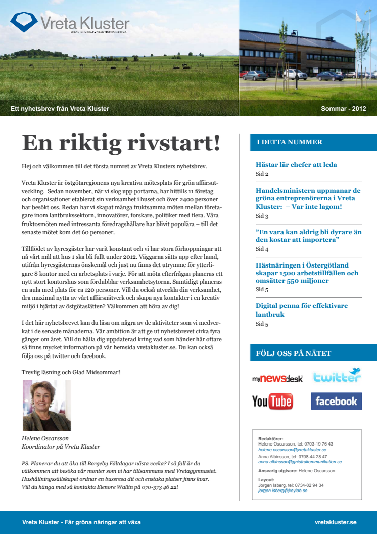 Nyhetsbrev från Vreta Kluster, sommar 2012