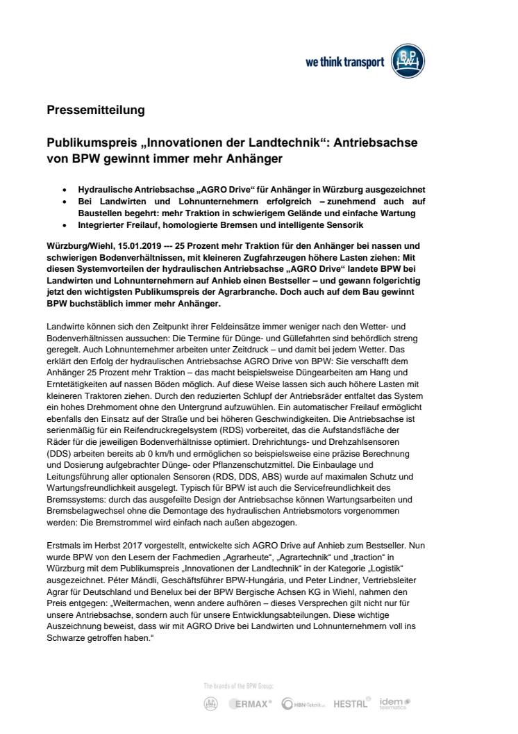 Publikumspreis „Innovationen der Landtechnik“: Antriebsachse von BPW gewinnt immer mehr Anhänger