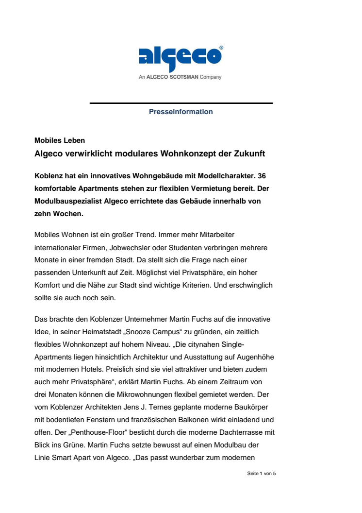 Algeco verwirklicht modulares Wohnkonzept der Zukunft