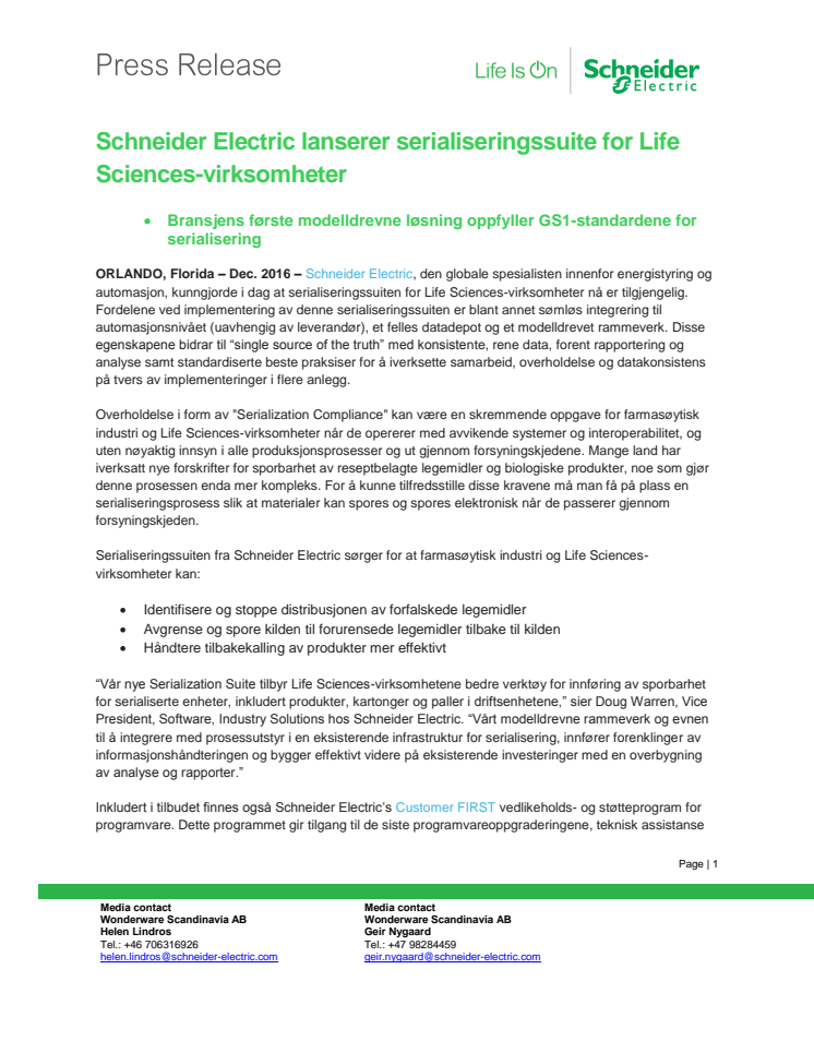 Schneider Electric lanserer serialiseringssuite for Life Sciences-virksomheter