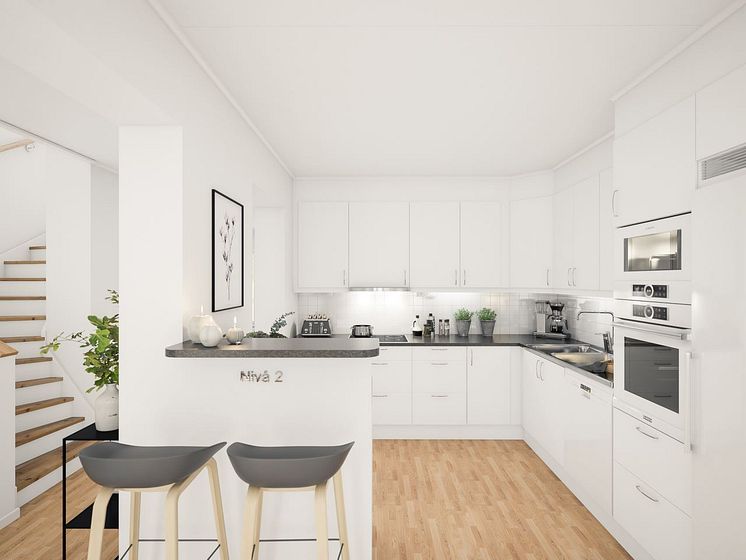Brf Sundby Äng - 3D-bild av kök/trappa