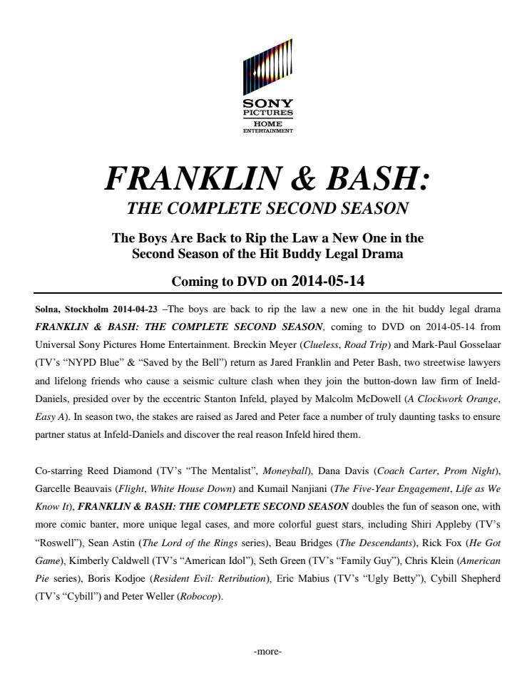 Franklin & Bash The complete second season -  Coming to DVD on 2014-05-14 
