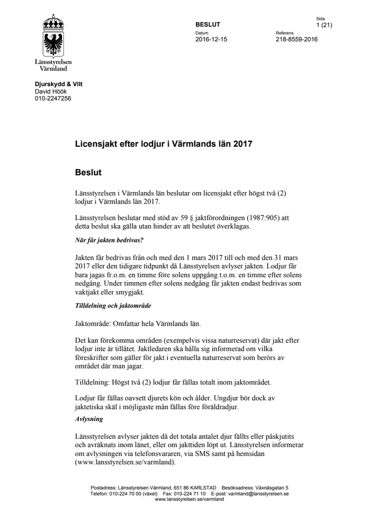 Licensjakt efter lodjur i Värmlands län 2017 