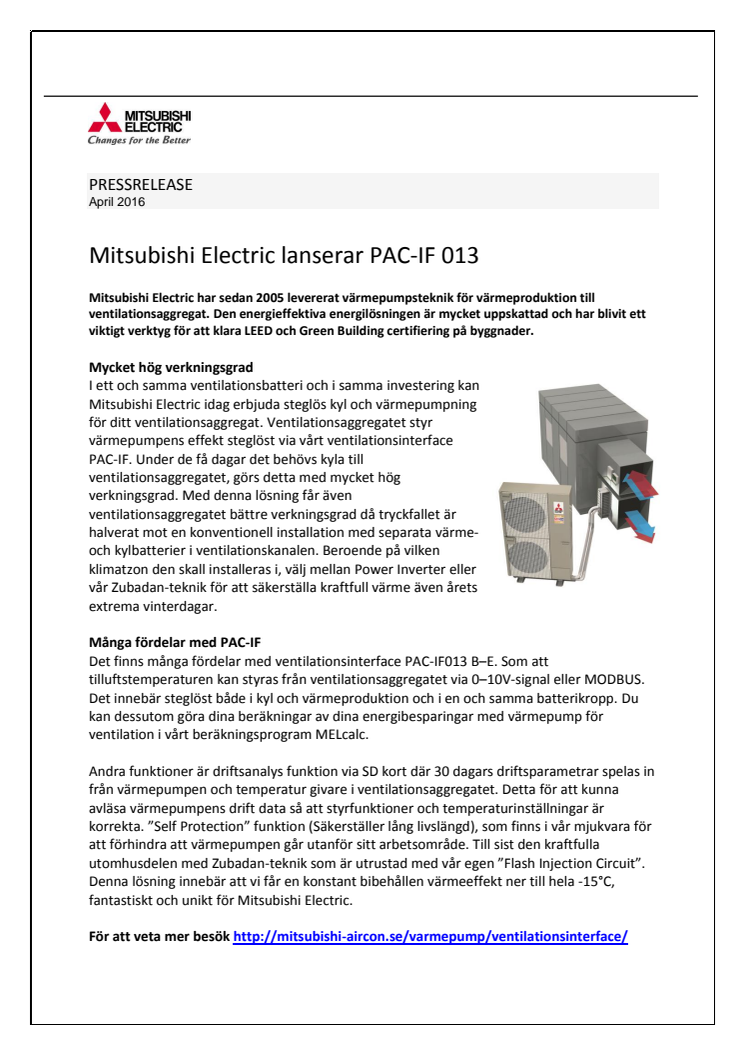 Mitsubishi Electric lanserar PAC-IF 013