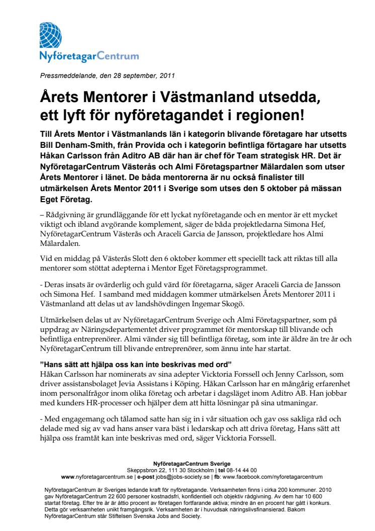 Årets Mentorer i Västmanland utsedda, ett lyft för nyföretagandet i regionen!
