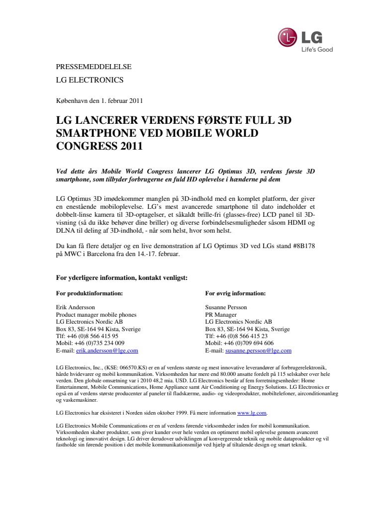 LG LANCERER VERDENS FØRSTE FULL 3D SMARTPHONE VED MOBILE WORLD CONGRESS 2011