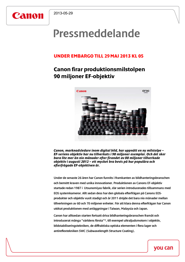 Canon firar produktionsmilstolpen 90 miljoner EF-objektiv