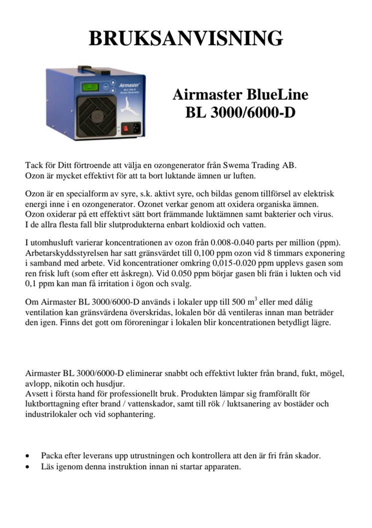 Airmaster BL 3000/6000-D bruksanvisning