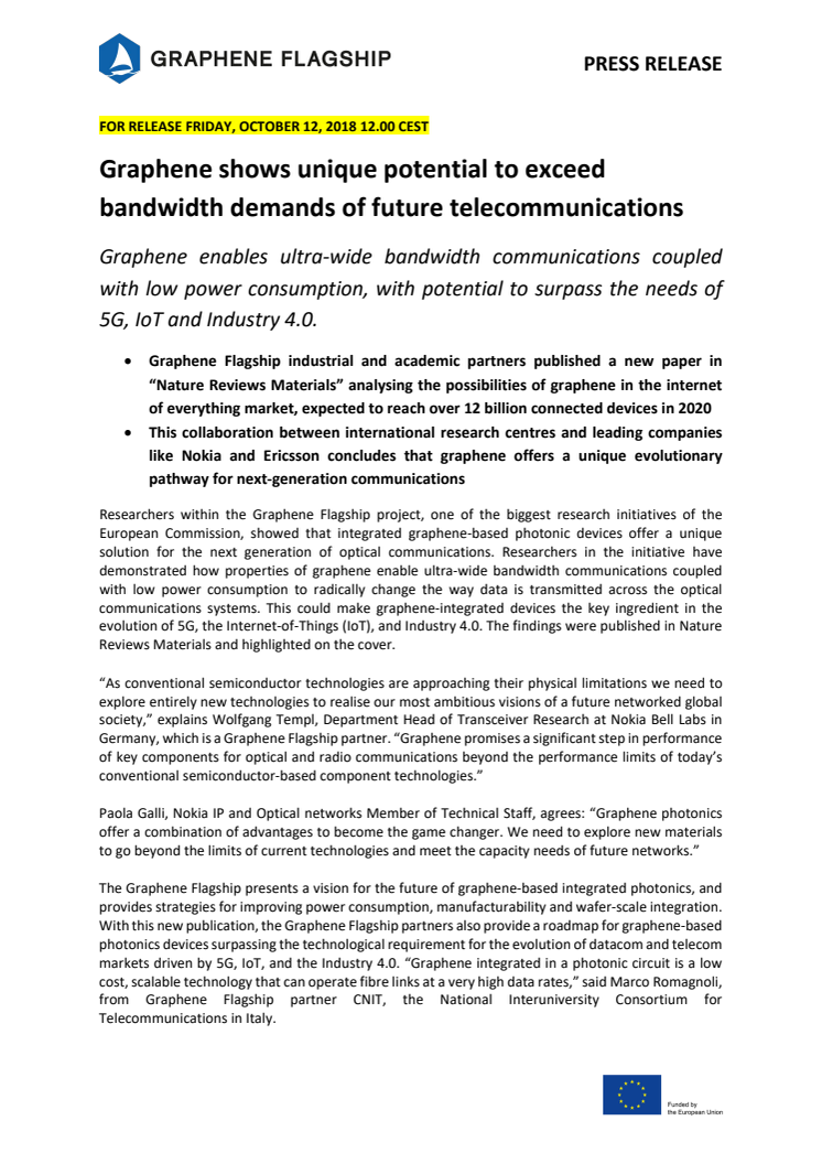 Graphene shows unique potential to exceed bandwidth demands of future telecommunications 