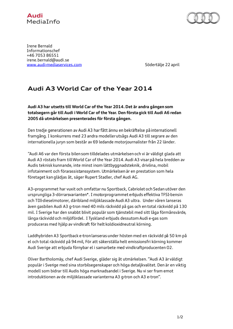 Audi A3 World Car of the Year 2014