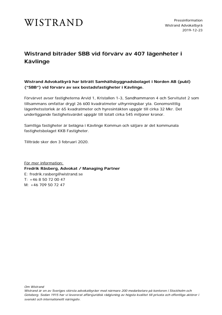 Wistrand biträder SBB vid förvärv av 407 lägenheter i Kävlinge 
