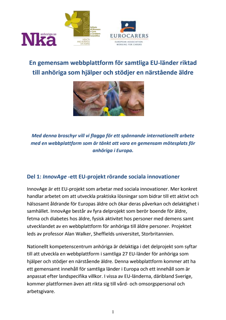 InnovAge - EU-projekt för gemensam webbplattform för anhöriga i Europa