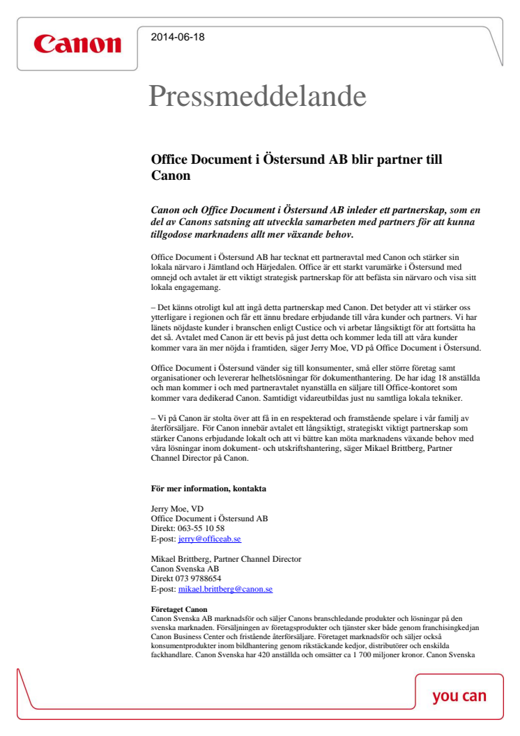 Office Document i Östersund AB blir partner till Canon 