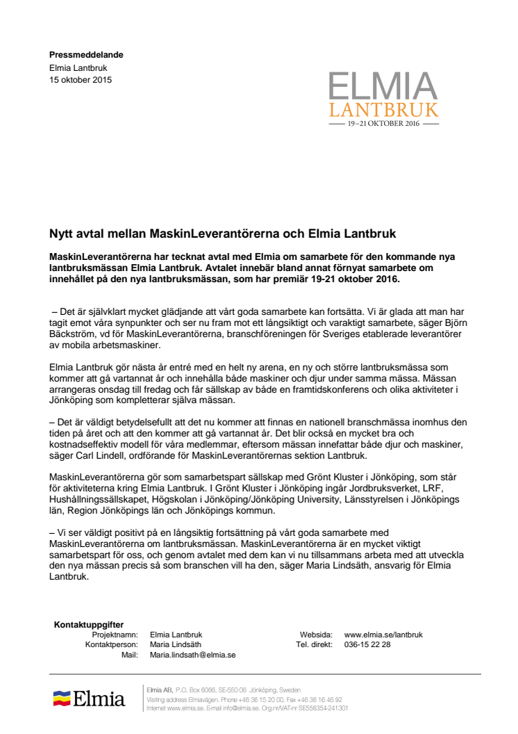 Nytt avtal mellan MaskinLeverantörerna och Elmia Lantbruk