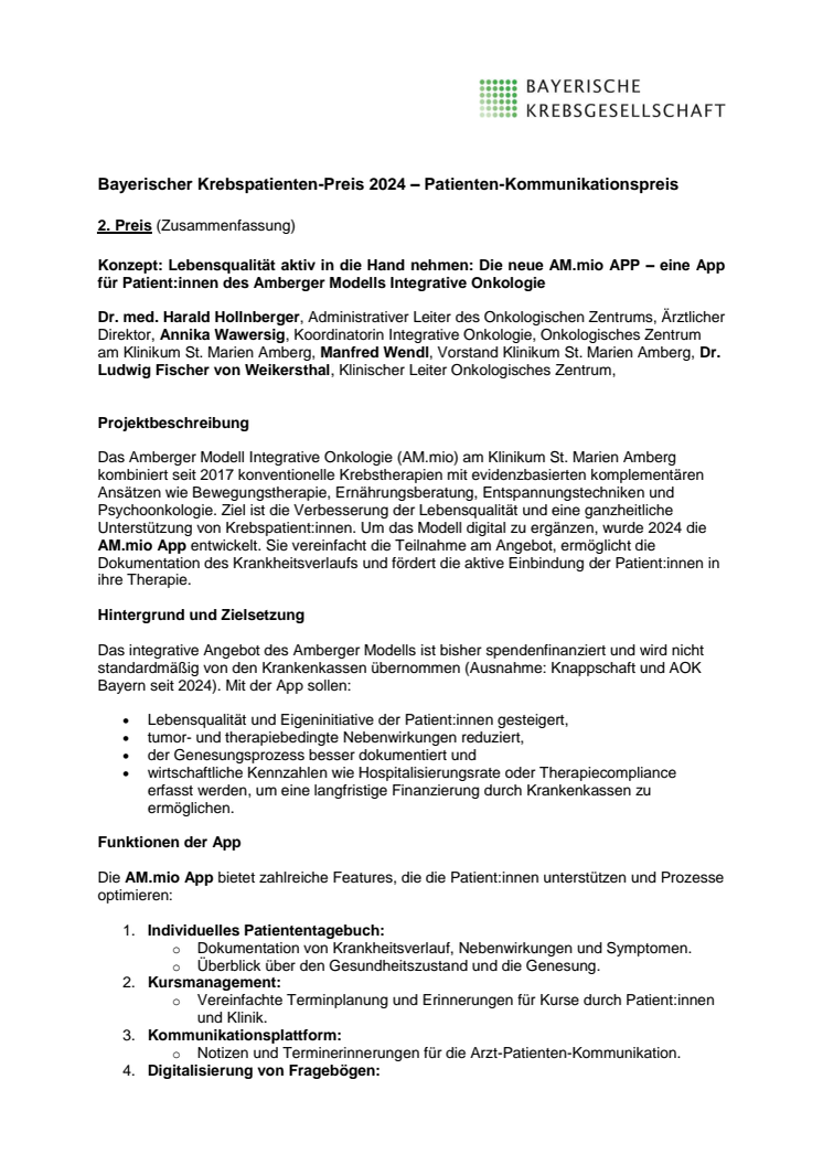 Zweiter Preis: Lebensqualität aktiv in die Hand nehmen: Die neue AM.mio APP – eine App für Patient:innen des Amberger Modells Integrative Onkologie 