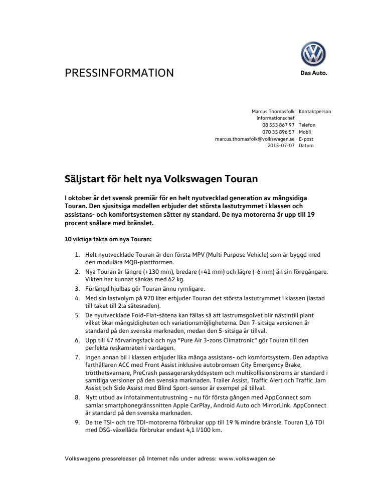 Säljstart för helt nya Volkswagen Touran