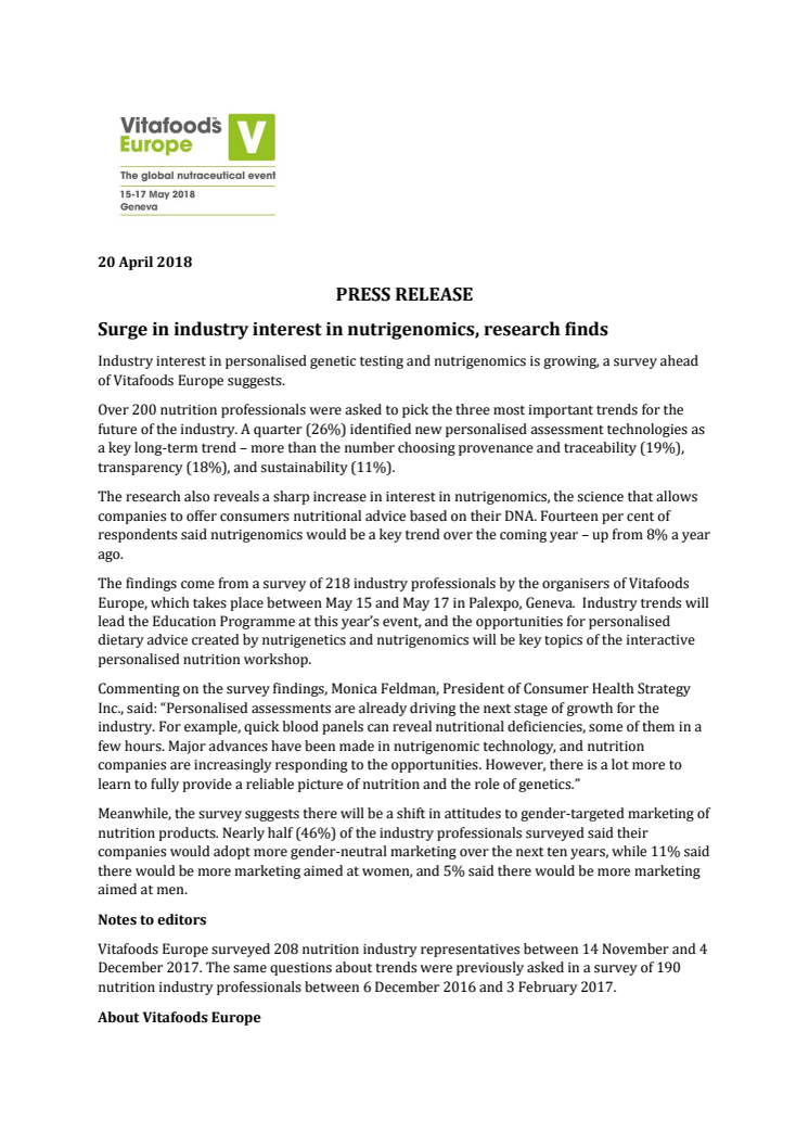 PRESS RELEASE - Surge in industry interest in nutrigenomics, research finds