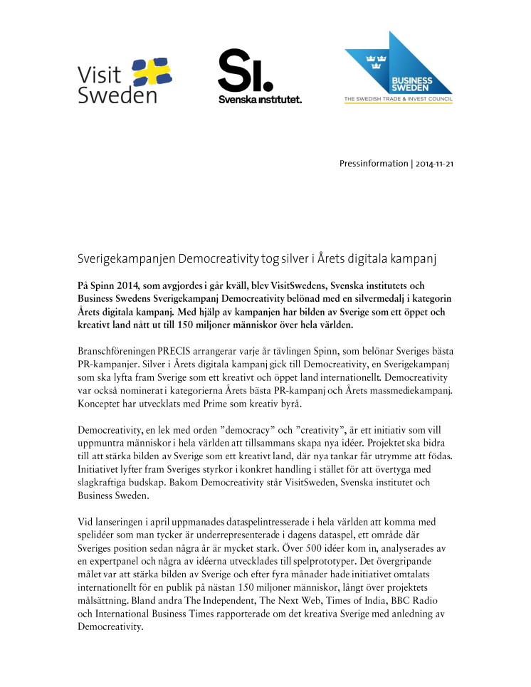 Sverigekampanjen Democreativity tog silver i Årets digitala kampanj 