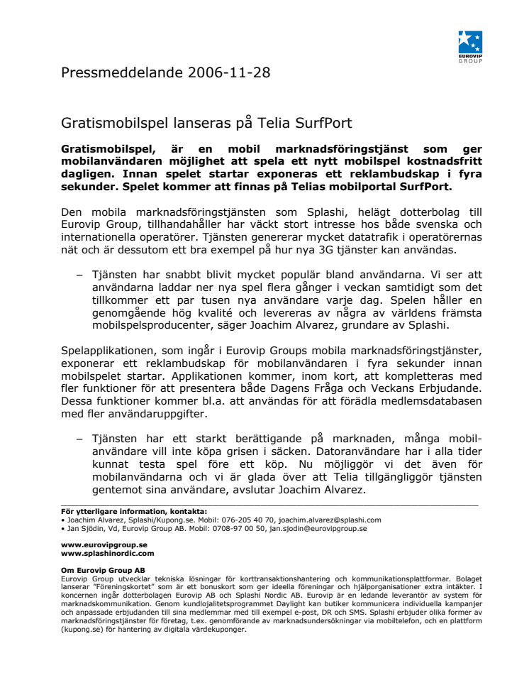 Gratismobilspel lanseras på Telia SurfPort
