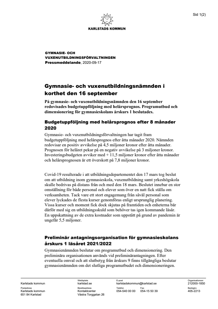 Gymnasie- och vuxenutbildningsnämnden i korthet den 16 september