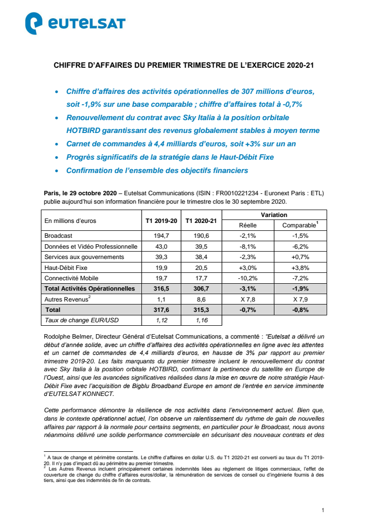 CHIFFRE D’AFFAIRES DU PREMIER TRIMESTRE DE L’EXERCICE 2020-21  