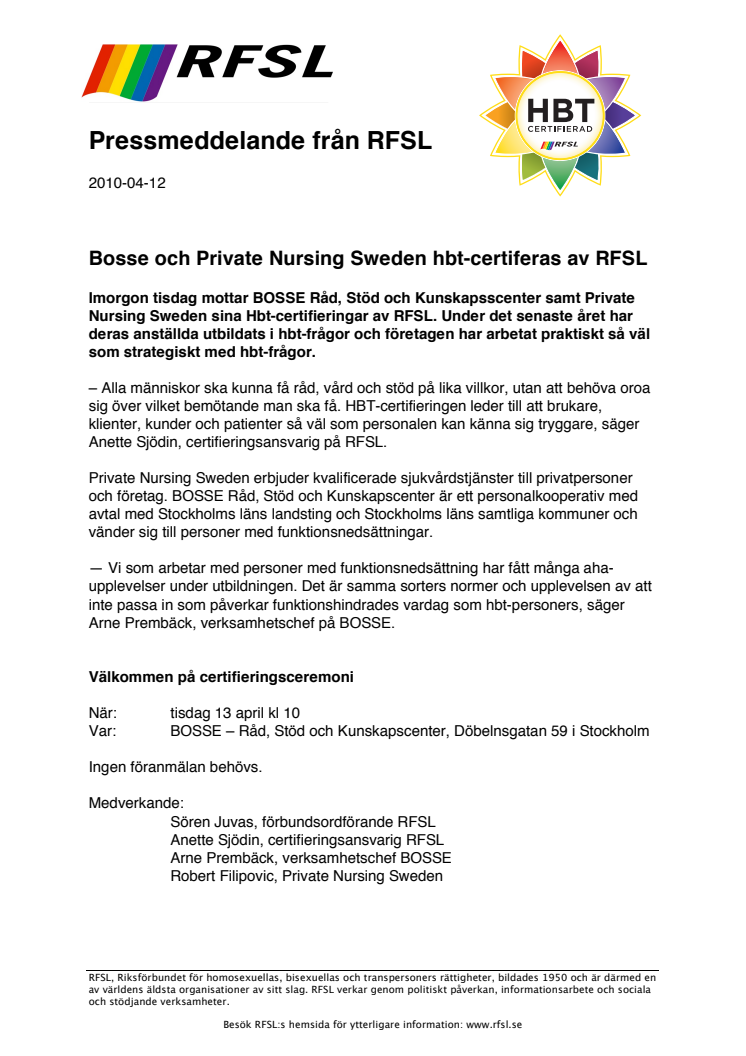 Bosse och Private Nursing Sweden hbt-certiferas av RFSL