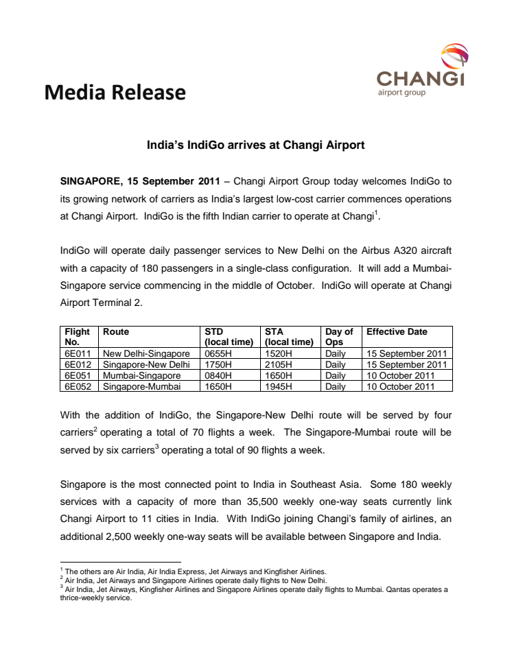 India's IndiGo arrives at Changi Airport