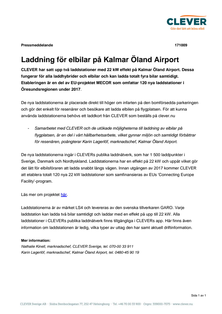 Laddning för elbilar på Kalmar Öland Airport 