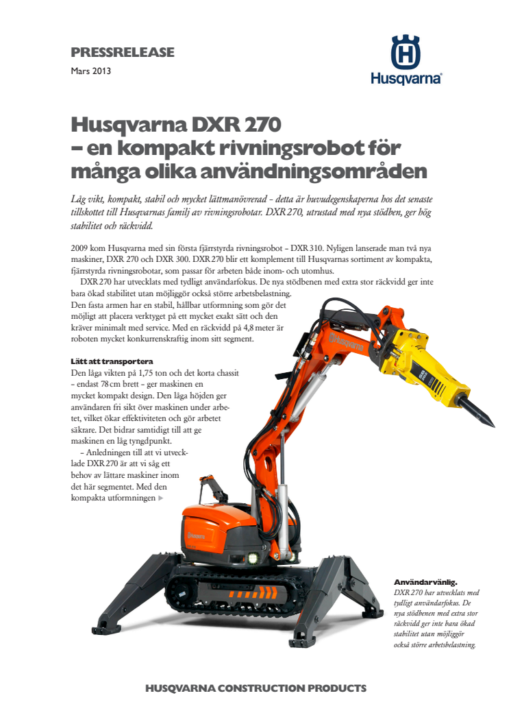 Husqvarna DXR 270 – en kompakt rivningsrobot för många olika användningsområden