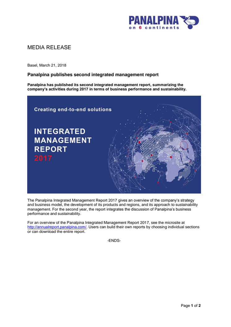 Panalpina publishes second integrated management report