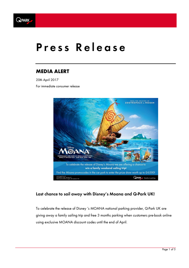 Last chance to sail away with Disney’s Moana and Q-Park UK!