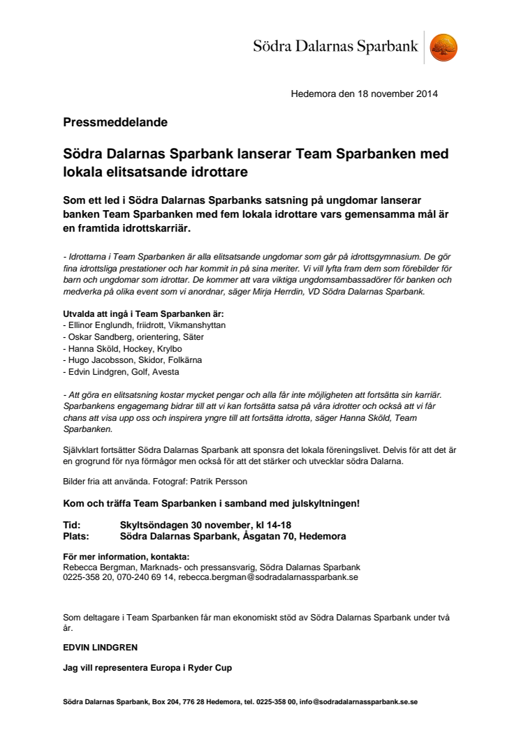 Södra Dalarnas Sparbank lanserar Team Sparbanken med lokala elitsatsande idrottare