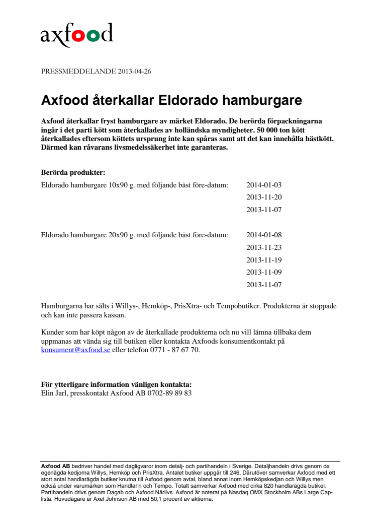 Axfood återkallar Eldorado hamburgare 