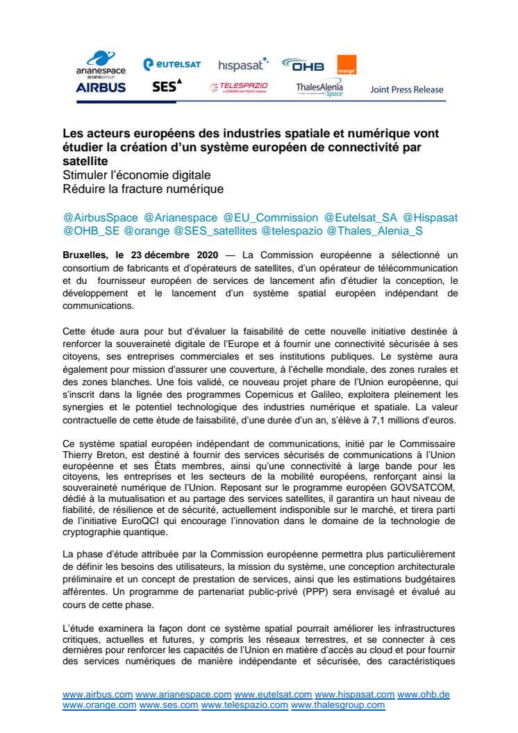 Les acteurs européens des industries spatiale et numérique vont étudier la création d’un système européen de connectivité par satellite