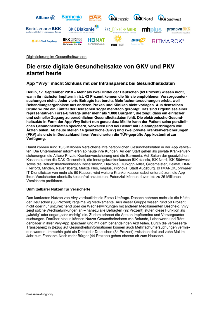 Die erste digitale Gesundheitsakte von GKV und PKV startet heute - App "Vivy" macht Schluss mit der Intransparenz bei Gesundheitsdaten