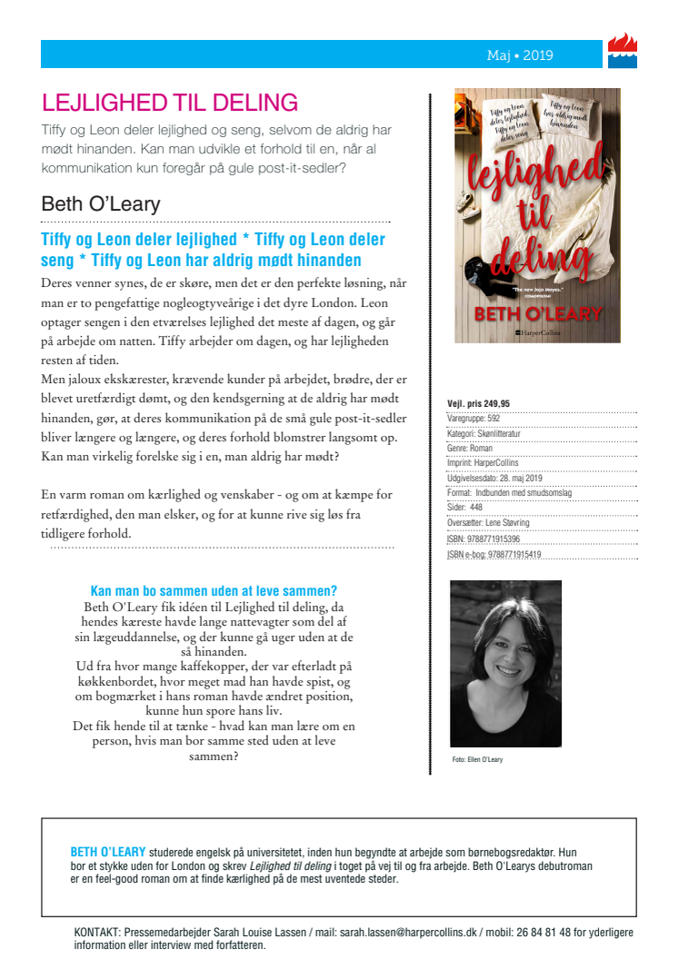 Nyhed på vej fra HarperCollins: LEJLIGHED TIL DELING af Beth O' Leary 