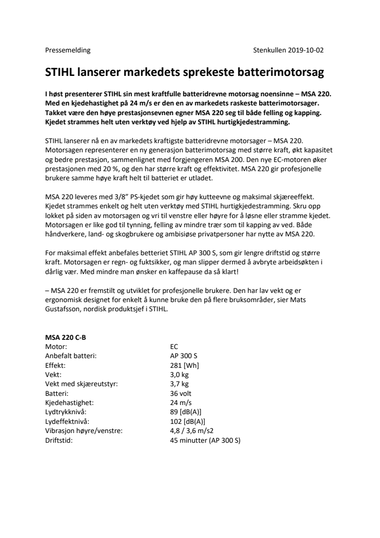 STIHL lanserer markedets sprekeste batterimotorsag