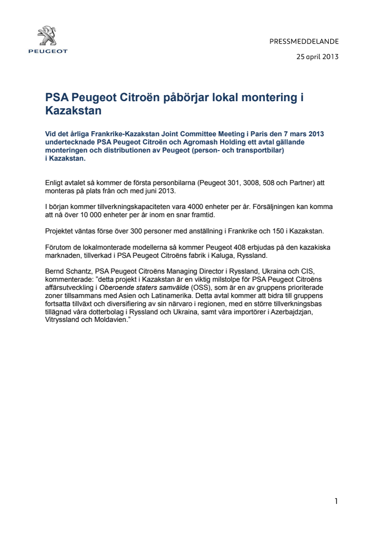 PSA Peugeot Citroën påbörjar lokal montering i Kazakstan