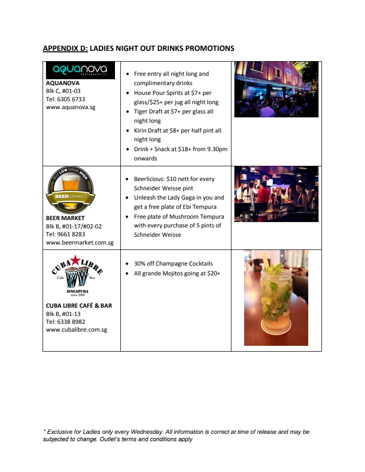 Clarke Quay Ladies Night Out Drinks Promotions