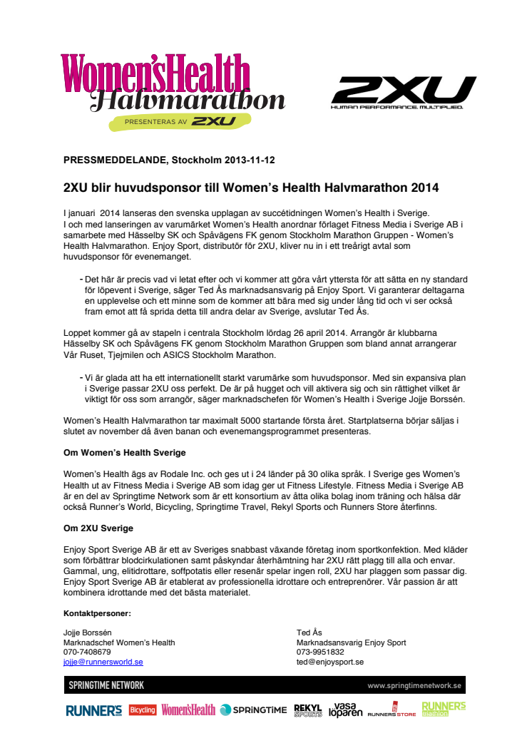 2XU blir huvudsponsor till Women’s Health Halvmarathon 2014