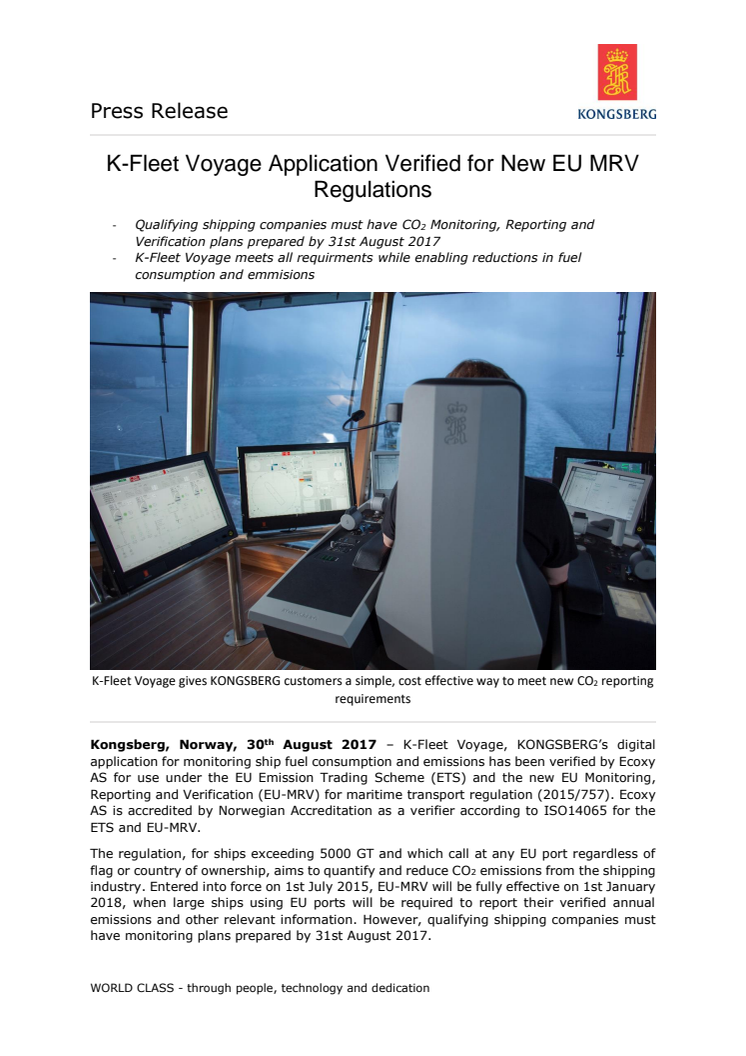 Kongsberg Maritime: K-Fleet Voyage Application Verified for New EU MRV Regulations