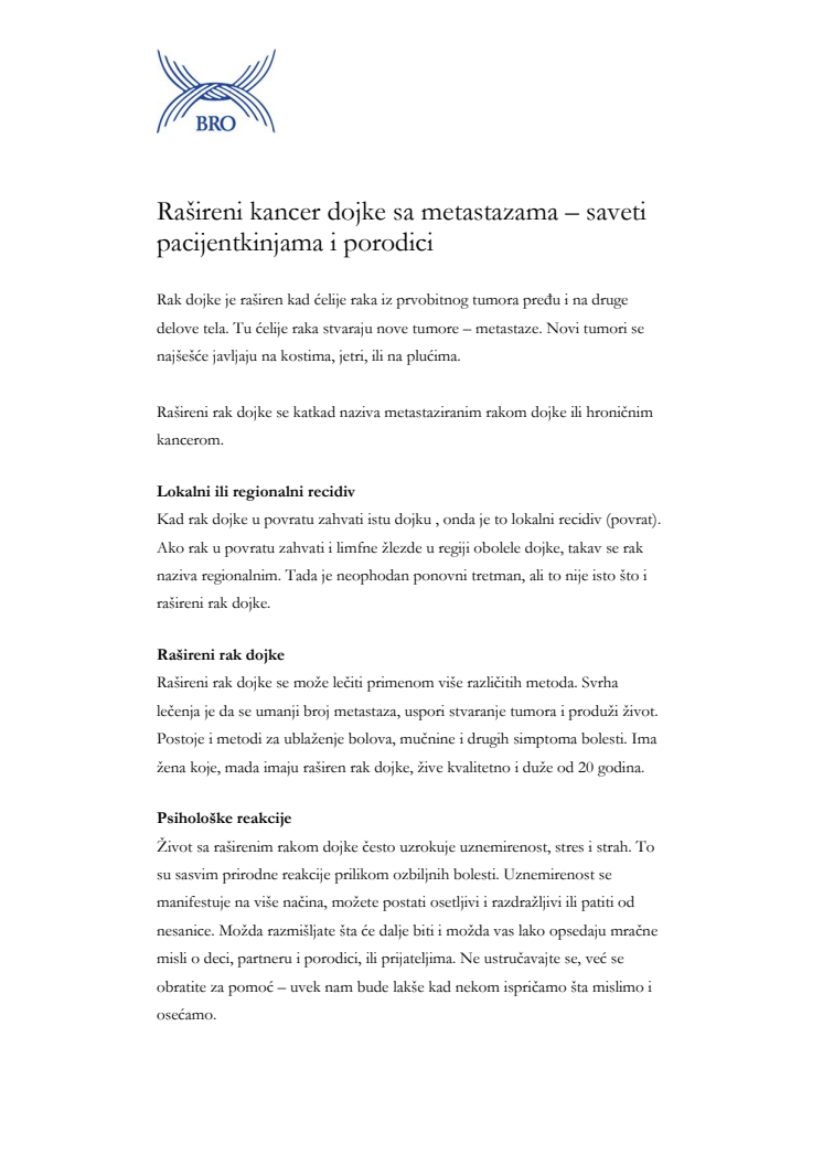 Rašireni kancer dojke sa metastazama – saveti pacijentkinjama i porodici – Fakta om spridd bröstcancer på bosniska, kroatiska, serbiska